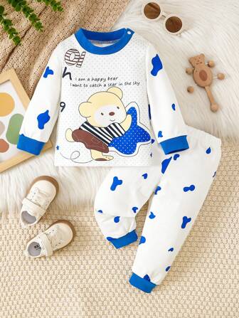 男婴保暖内衬可爱熊印花圆点花纹衣服