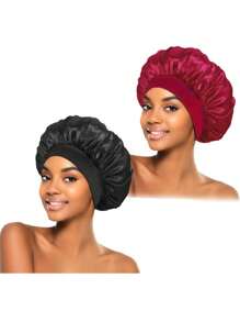 1pc Women Protect Your Hair While You Sleep: Reusable Satin Jumbo Black Bonnet With Wide Elastic Band Silk Bonnet Satin Bonnet Hair Sleep Cap - Multicolor - View 9