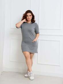 Front Pocket Sleeve Dress - Xám - Xem 3