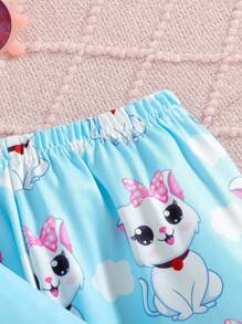 Ensemble de pyjama à manches longues avec motif mignon de chat de dessin animé pour filles, vêtements d'intérieur confortables pour le printemps et l'automne - Bleu ciel - Voir 6