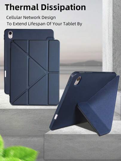 1pc Tablet Case Navy Blue, Foldable Stand With Pen Slot, Honeycomb Cooling Design, Auto Sleep/Wake, Minimalist/Casual For IPad Mini4/Mini5/Mini6/Mini7/Air/Air2/9.7/10.2/10.5/Air4/Air5/10th/10.9/Pro11/Air11(M2)/Air13(M2)/Pro11(M4)/Pro13(M4) 2024 12.9inch /IPad Air 13(M3 2025)/IPad Air 11-Inch (M3) 2025/IPad (A16) 11 Inch 11th Generation 2025, Pen Slot On Left Side For 9.7 And 10.2 Models, Right Side Slot For Other Models