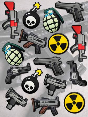 16-24 piezas Serie de armas de fuego, pistolas, subfusiles, granadas, radiadores, bombas, rifles - Dijes para decorar sandalias, pulseras y regalos. Dijes lindos de PVC para decorar calzado, pulseras y muñequeras.