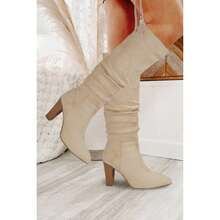 Botas altas para mujer TINSTREE, puntera afilada, de tira, con tacón grueso, botines de invierno - Beis - Ver 6