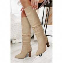 Botas altas para mujer TINSTREE, puntera afilada, de tira, con tacón grueso, botines de invierno - Beis - Ver 5
