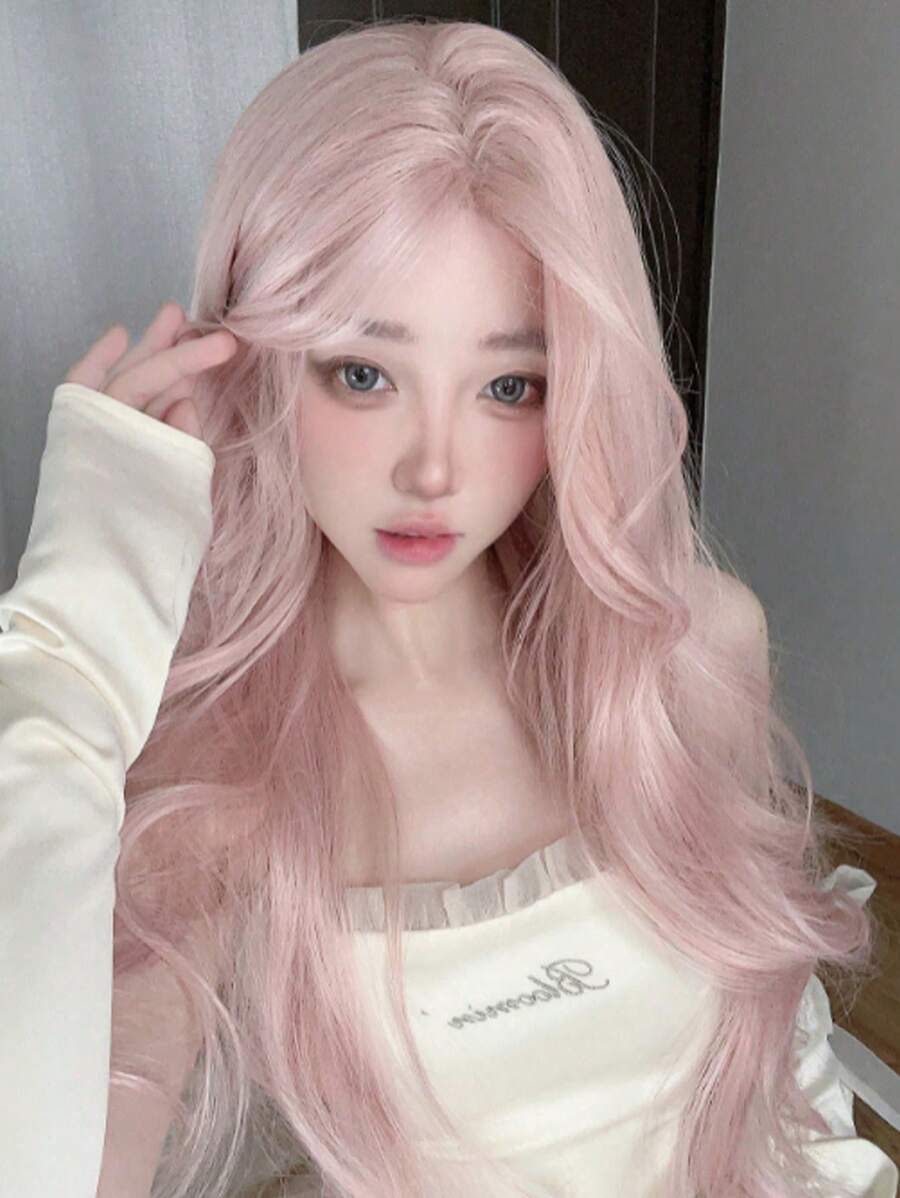 One Piece Pink Lolita Long Natural Curly Wig, Center Parted Wig, Light Pink 30-Inch High Temperature Resistant Synthetic Machine Wig Often Natural Smooth And Realistic Cos Wig Holiday Party - Baby Pink - View 1