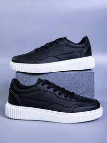 男女通用低帮休闲皮革运动鞋,时尚百搭,大码可选 - 黑色 - 查看 7