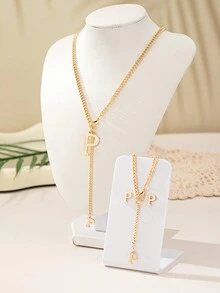 1 Bộ Thời Trang Phổ Biến 2024 Mới 26 Chữ Cái Tiếng Anh Vòng Tay Hoa Tai Mặt Dây Chuyền Vuông Tối Giản, Thiết Kế Tinh Tế Cho Phụ Nữ Mặc Hàng Ngày - Vàng - Xem 6