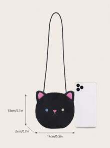 1 件女孩黑猫迷你斜挎包，毛绒拉链开合，适合日常使用 - 黑色 - 查看 2