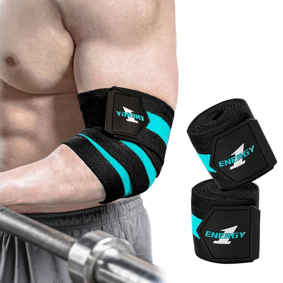 MANUEKLEAR Elbow Wraps For Weightlifting, 47" Strengthening Support Elbow Sleeve Weightlifting (1 Pair) For Powerlifting, Bench Press, Gym Workout (Gray) - Màu xanh lam - Xem 1