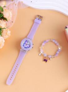 2pcs Set Girls Children Luminous Watch, LED Lighting Cartoon Butterfly Quartz Watch & Beaded Pendant Bracelet