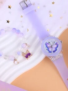 2pcs Set Girls Children Luminous Watch, LED Lighting Cartoon Butterfly Quartz Watch & Beaded Pendant Bracelet