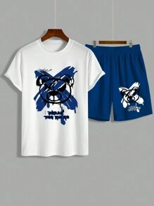 2pcs/Set Men's Short Sleeve Cartoon Graphic Tee And Casual Shorts Summer Outfit - White - View 3