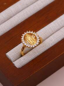 1pc DIY New Virgin Mary Classic Ring, Copper Micro-Inlay CZ Plated 18K Gold Women Girls Faith Virgin Mary Ring