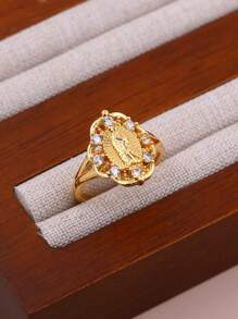 1pc DIY New Virgin Mary Classic Ring, Copper Micro-Inlay CZ Plated 18K Gold Women Girls Faith Virgin Mary Ring