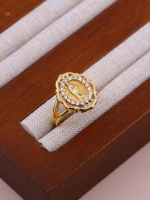 1pc DIY New Virgin Mary Classic Ring, Copper Micro-Inlay CZ Plated 18K Gold Women Girls Faith Virgin Mary Ring