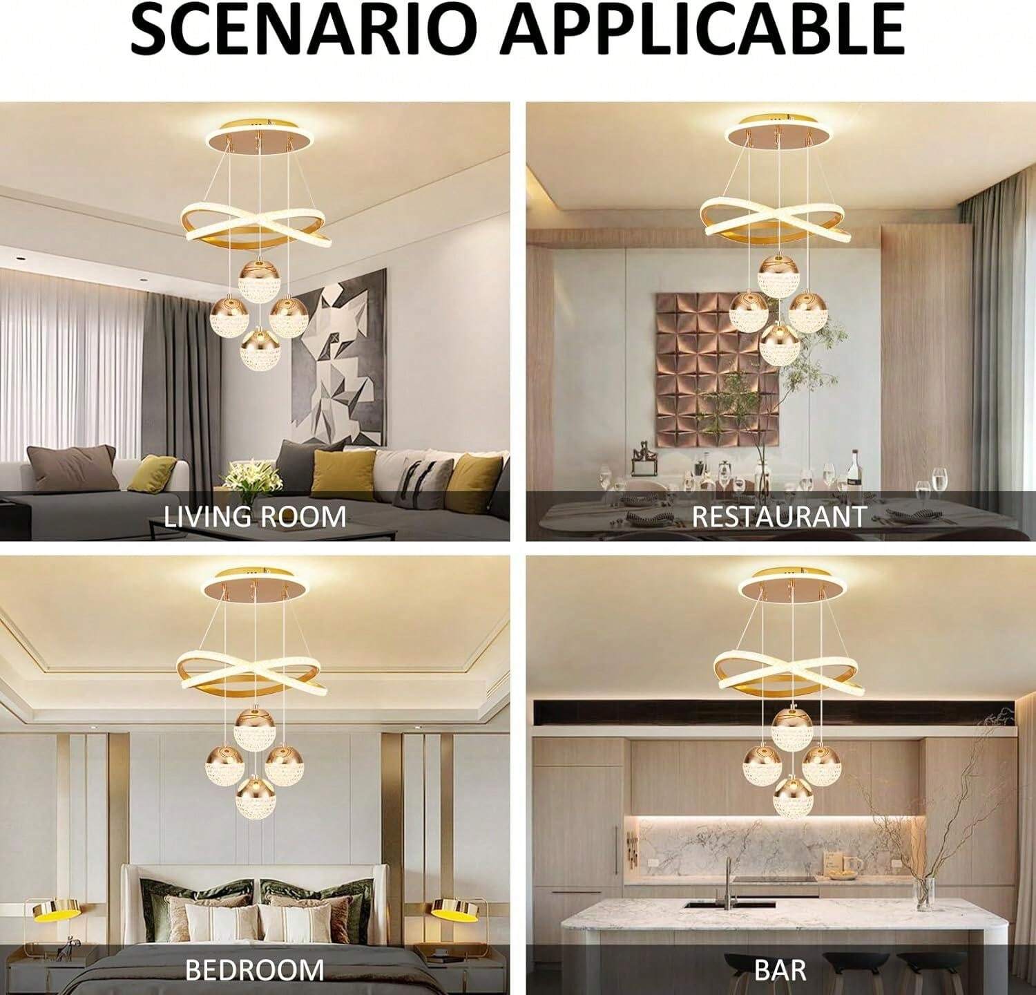 Modern Gold LED Chandeliers, 3Color Dimmable Pendant Light For Kitchen