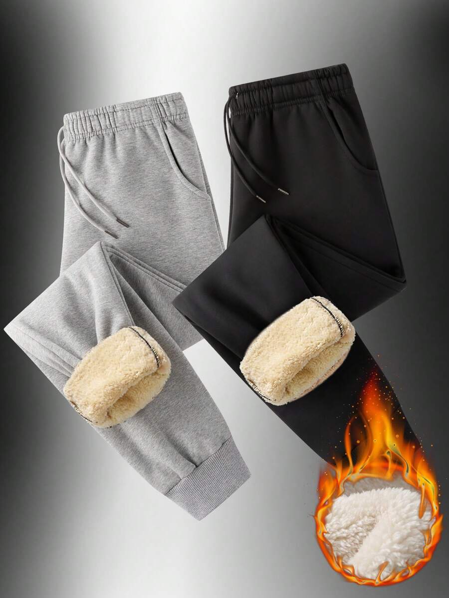 男友风男士羊毛裤，冬季男友风男士长裤，加厚运动裤，户外长裤，男友风男士抓绒运动裤，外套保暖裤 - 黑色 - 查看 1