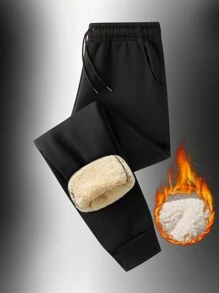 男友风男士羊毛裤，冬季男友风男士长裤，加厚运动裤，户外长裤，男友风男士抓绒运动裤，外套保暖裤 - 黑色 - 查看 2