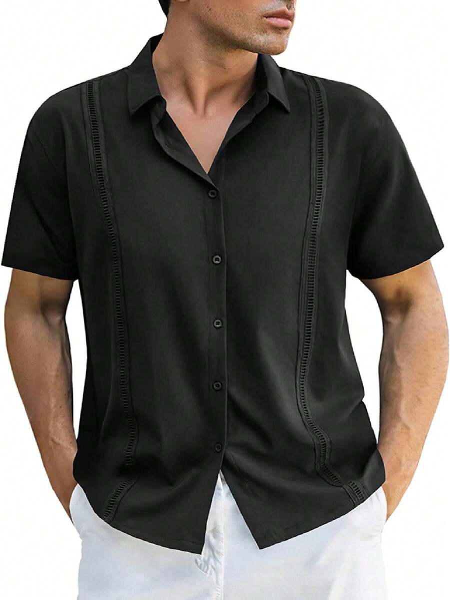 Men's Social Short Sleeve Guayabera Casual Shirt - 黑色 - 查看 1