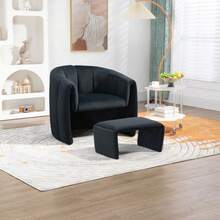 Coolmore Accent Chair With Ottoman, Mid Century Modern Barrel Chair Upholstered Club Tub Round Arms Chair For Living Room Bedroom Office - 黑色 - 查看 4