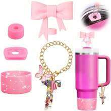 Set de 5 accesorios para tazas de 30oz y 40oz, decoraciones con iniciales para tumblers, que incluye tapa y funda de silicona para pajita, tapa a prueba de derrames, y dije para asa