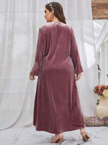 Women Plus Size V-Neck Long Sleeve Velvet Patchwork Striped Tassel Design Dress