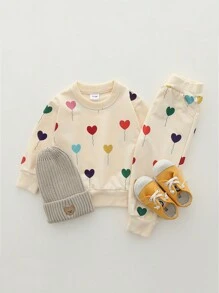 Baby Girls Heart & Balloon Print Round Neck Long Sleeve Top & Long Pants 2 Pieces Set, Spring/Autumn - Apricot - View 1