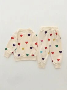 Baby Girls Heart & Balloon Print Round Neck Long Sleeve Top & Long Pants 2 Pieces Set, Spring/Autumn - Apricot - View 2