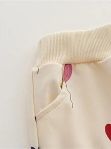 Baby Girls Heart & Balloon Print Round Neck Long Sleeve Top & Long Pants 2 Pieces Set, Spring/Autumn - Apricot - View 5