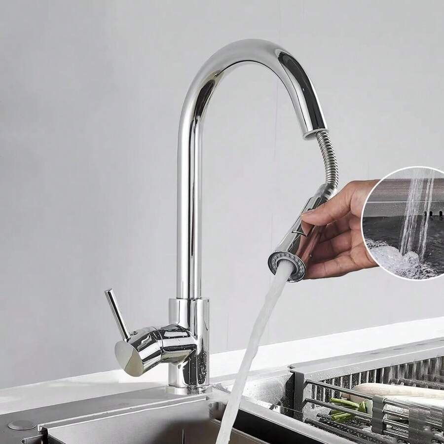 Modern Kitchen Sink Mixer Pull-Out 360° Spout Sprayer Single Lever Single Tap (Electroplated) - Silver - View 1