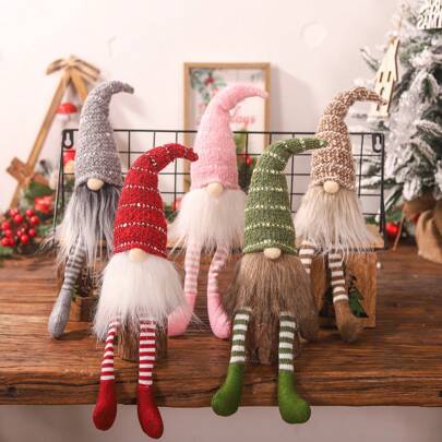 1pc Đồ trang trí Giáng sinh Búp bê chân dài hoạt hình nhiều màu sắc không mặt với mũ sọc đan Đồ trang trí để bàn hình chú lùn rừng, Giáng sinh