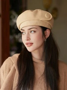 1pc Women Autumn Beret Hat, Simple Solid Color, Button Decoration, Versatile, Leisure Beanie, Retro Artist Cap, Elegant, Warm Halloween - Multicolor - View 4