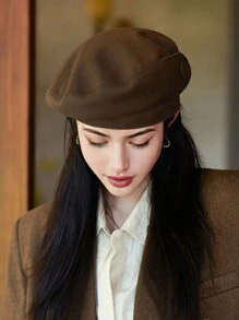 1pc Women Autumn Beret Hat, Simple Solid Color, Button Decoration, Versatile, Leisure Beanie, Retro Artist Cap, Elegant, Warm Halloween - Multicolor - View 9