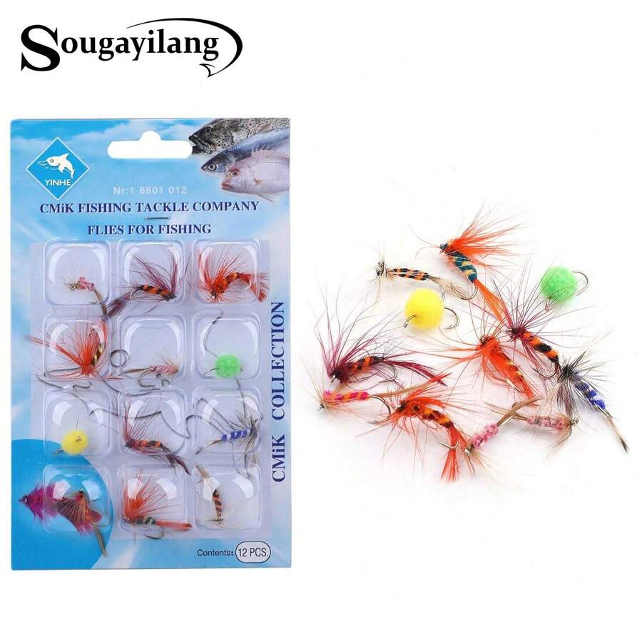 Sougayilang 12 件裝飛釣餌鮭魚飛蠅鱒魚乾飛蠅釣誘餌魚鉤 - 藍白色 - 查看 1