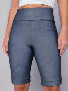 Women's Denim Shorts Bermuda Imita Jeans With Pockets High Waist Cotton - Grey - View 2