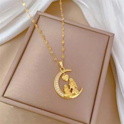 1pc Fashionable Copper Inlaid Cubic Zirconia Moon Heart Charm Pendant Necklace, Lovely Mother-Daughter Gift, Suitable For Daily Wear For Wife And Daughter, Stainless Steel Chain Valentines
