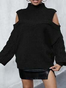 Plus Size Casual High Neck Open Shoulder Loose Knitted Pullover - Black - View 4