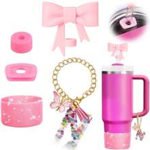 Set de 5 accesorios para tazas de 30oz y 40oz, decoraciones con iniciales para tumblers, que incluye tapa y funda de silicona para pajita, tapa a prueba de derrames, y dije para asa