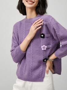 Women's Twisted Cable Knit 3D Flower Decora Going Out Tops, Fashionable Casual, Warm And Cozy, For Daily, Commuting, Home, Autumn Winter, Long Sleeve Tops,Vintage