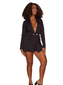 Women's Jumpsuit Short Blazer Neckline Pocket Long Sleeve Tailoring Casual Elegant Fashion - màu đen - Xem 3