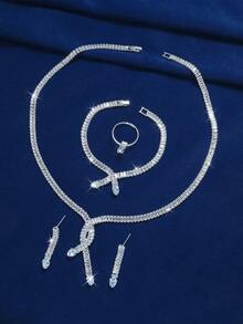 1 Copper-Based Sparkling Zirconia Necklace + 1 Luxurious Zirconia Bracelet + 1 Pair Elegant Zirconia Earrings + 1 Graceful Zirconia Ring, 5-Piece Bridal Wedding Jewelry Set For Party, Wedding, Banquet, Bridal Photography, Gift - Silver - View 2