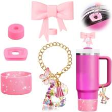 Set de 5 accesorios para tazas de 30oz y 40oz, decoraciones con iniciales para tumblers, que incluye tapa y funda de silicona para pajita, tapa a prueba de derrames, y dije para asa
