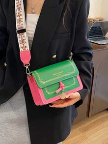 女士时尚包包，百搭新款斜挎包，休闲，拼色，小方包，宽肩带，适合聚会约会学校户外礼物 - 薄荷綠 - 查看 5