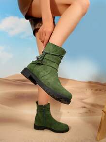 Women Fashion Casual 3CM Flat Heel Retro Round Toe Suede Cowboy  Boots With Side Zipper For Travel Vacation Strolling - Green - View 4