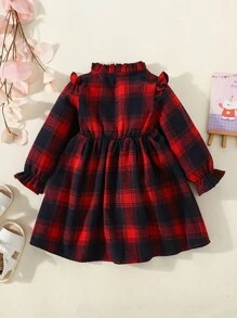 Vestito da bambina con colletto plissettato, manica lunga, a quadri, per l autunno/inverno