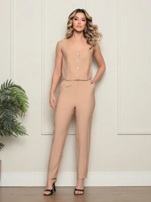 ALETHEIA - SUPER ELEGANT SET OF TANK TOP AND PANTS MADE IN PREMIUM HIGH-TECH MARANTE SENSORIALE FABRIC - SHEIN WOMEN'S SETS - 杏色 - 查看 4
