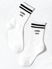 Striped & Slogan Graphic Crew Socks, Fall Socks - Black and White - View 4
