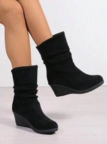 Keilabsatz Stiefel bis zur Mitte des Wades für Damen, Weite Stiefel mit Rundkopf und Schlüpfen für Mitte des Wades, Kleidung Stiefel