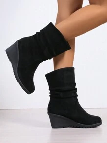 Keilabsatz Stiefel bis zur Mitte des Wades für Damen, Weite Stiefel mit Rundkopf und Schlüpfen für Mitte des Wades, Kleidung Stiefel