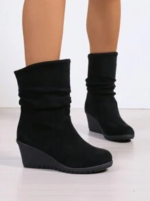 Keilabsatz Stiefel bis zur Mitte des Wades für Damen, Weite Stiefel mit Rundkopf und Schlüpfen für Mitte des Wades, Kleidung Stiefel